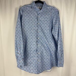 Emanuel Berg Modern Fit Long Sleeve Button Up Shirt Men's Large Blue Geometric